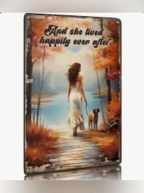 And She Lived Happily Ever After - Woman & Dog Scenic Metal Sign